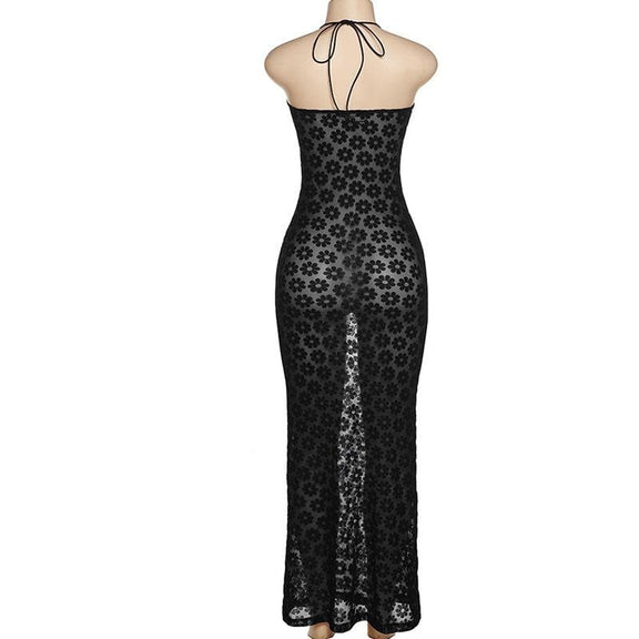 Mesh see through o ring hollow out backless tube cut out maxi dress