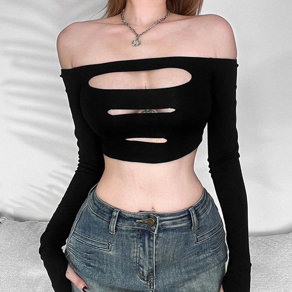 Hollow out off shoulder gloves long sleeve solid crop top y2k 90s Revival Techno Fashion