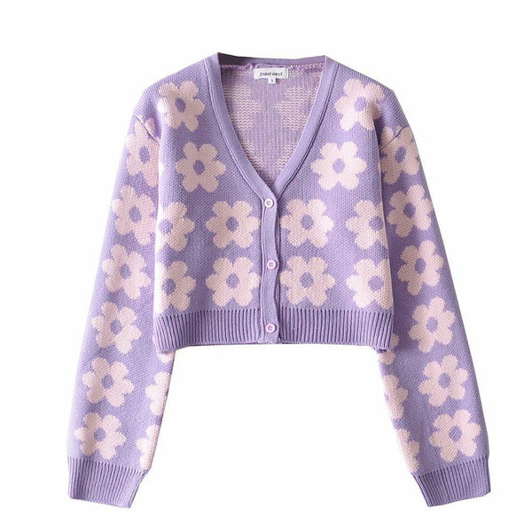 V neck flower pattern button knitted contrast long sleeve cardigan top y2k 90s Revival Techno Fashion