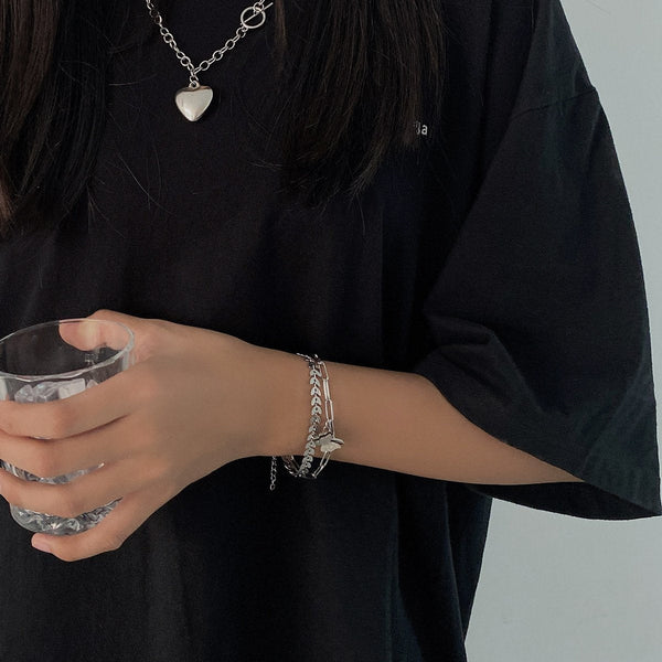 Butterfly pendant layered leaf bracelet