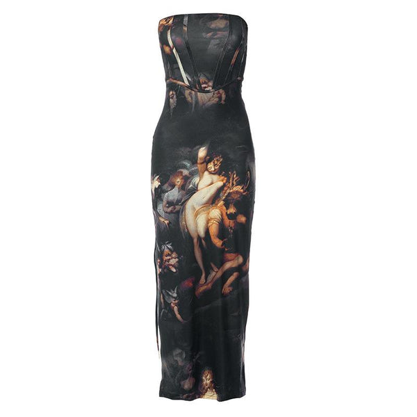 Slit abstract contrast bustier backless tube maxi dress