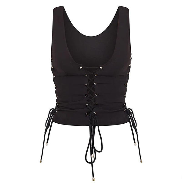 Low cut drawstring lace up solid halter backless top y2k 90s Revival Techno Fashion