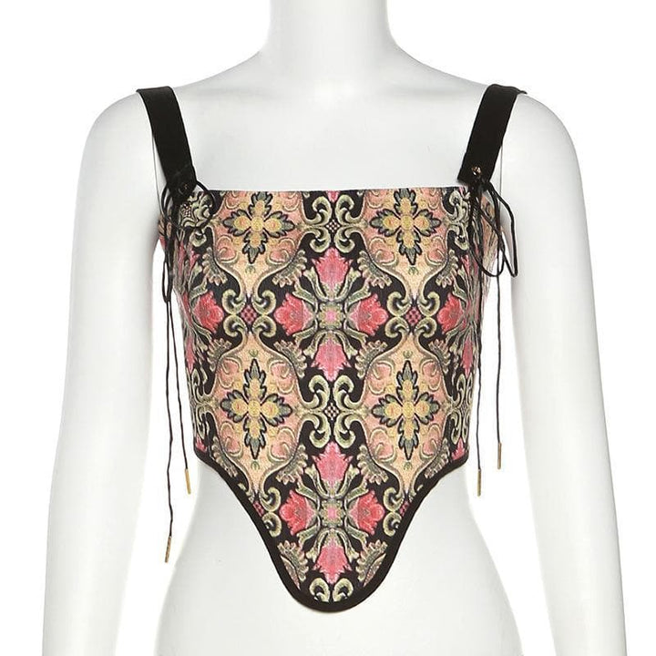 Lace up back print bustier top - Halibuy