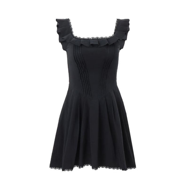 Cap sleeve square neck ruffle pleated solid zip-up mini dress