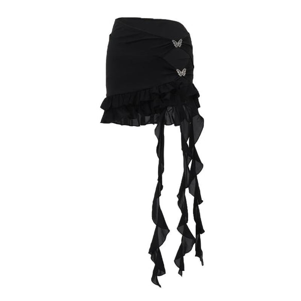 Irregular hollow out ribbon butterfly applique solid ruffle mini skirt goth Emo Darkwave Fashion