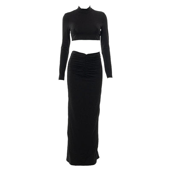 High neck long sleeve ruched solid maxi skirt set y2k 90s Revival Techno Fashion