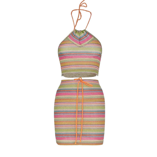 Knitted contrast striped drawstring halter backless skirt set